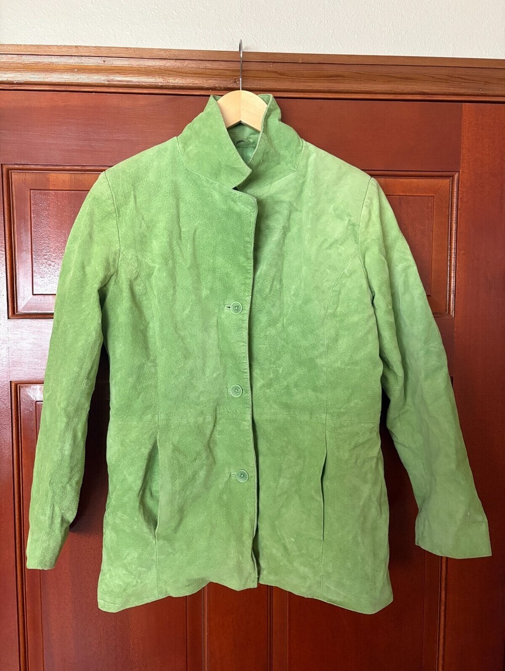 Dialogue Women’s Small Green Suede Leather Jacket Button Front Lined